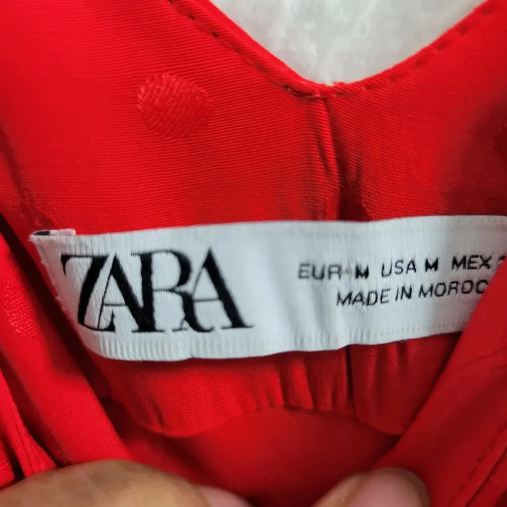 Zara Jacquard Dot Red Spaghetti Strap Front Slit With Ruffle Dress Size M 3825 - Picture 4 of 5